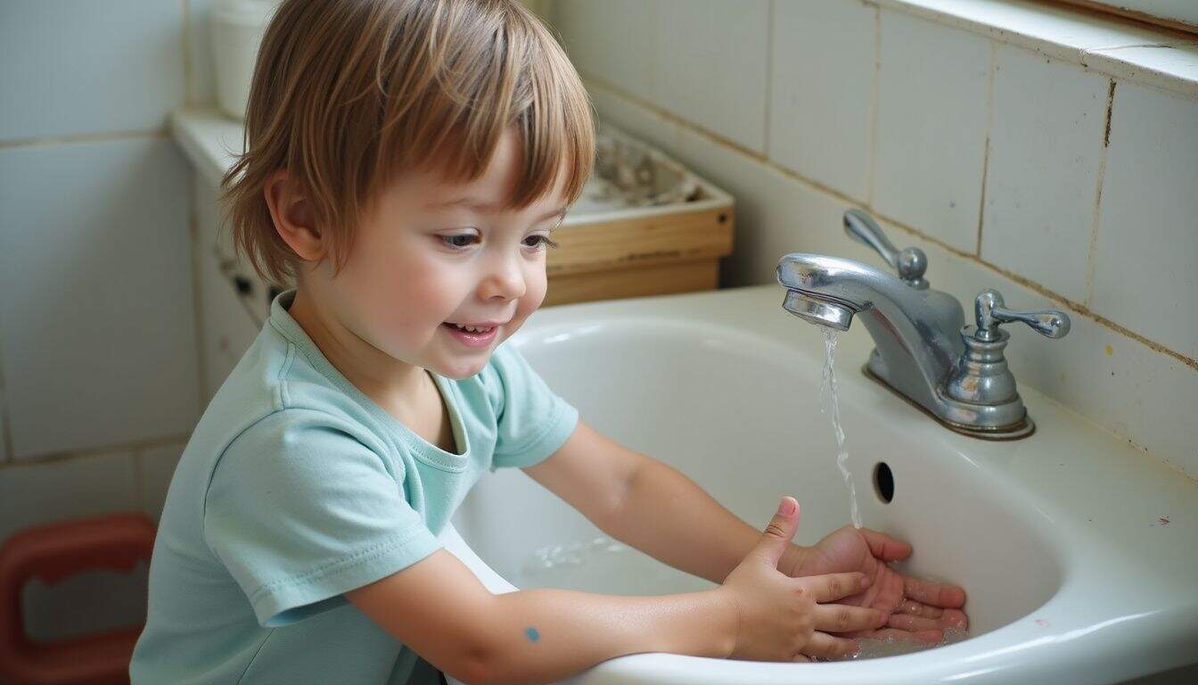 A young child casually washes their hands at a well-used sink in a lived-in bathroom. Kid washing hands at bathroom sink, adorable child hygiene activity, toddler clean hands, early childhood cleanliness, young child's handwashing practice, healthy habits for kids, children's hygiene routine, toddler washing hands focus, preschool hygiene skills, Kid at sink practicing handwashing.