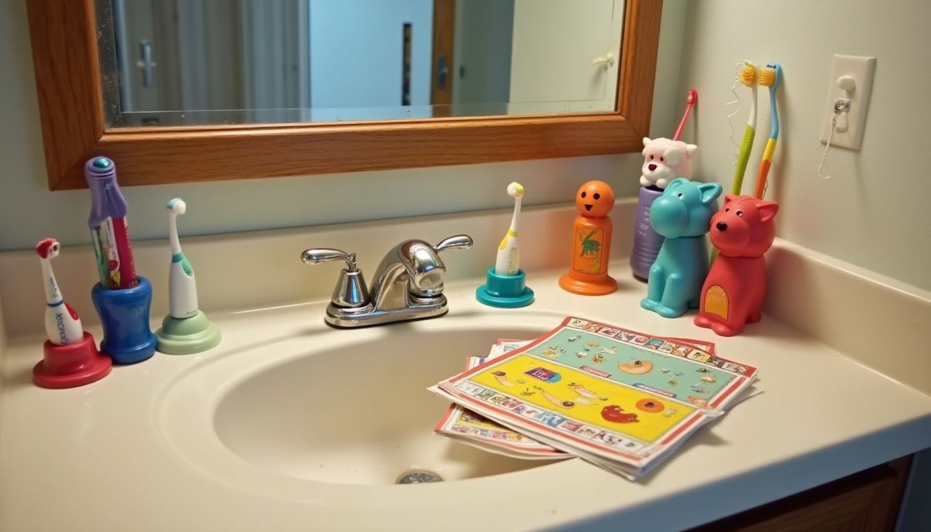A family bathroom counter is cluttered with colorful hygiene items, worn toothbrushes, and playful soap dispensers. A family bathroom counter is cluttered with colorful hygiene items, worn toothbrushes, and playful soap dispensers.