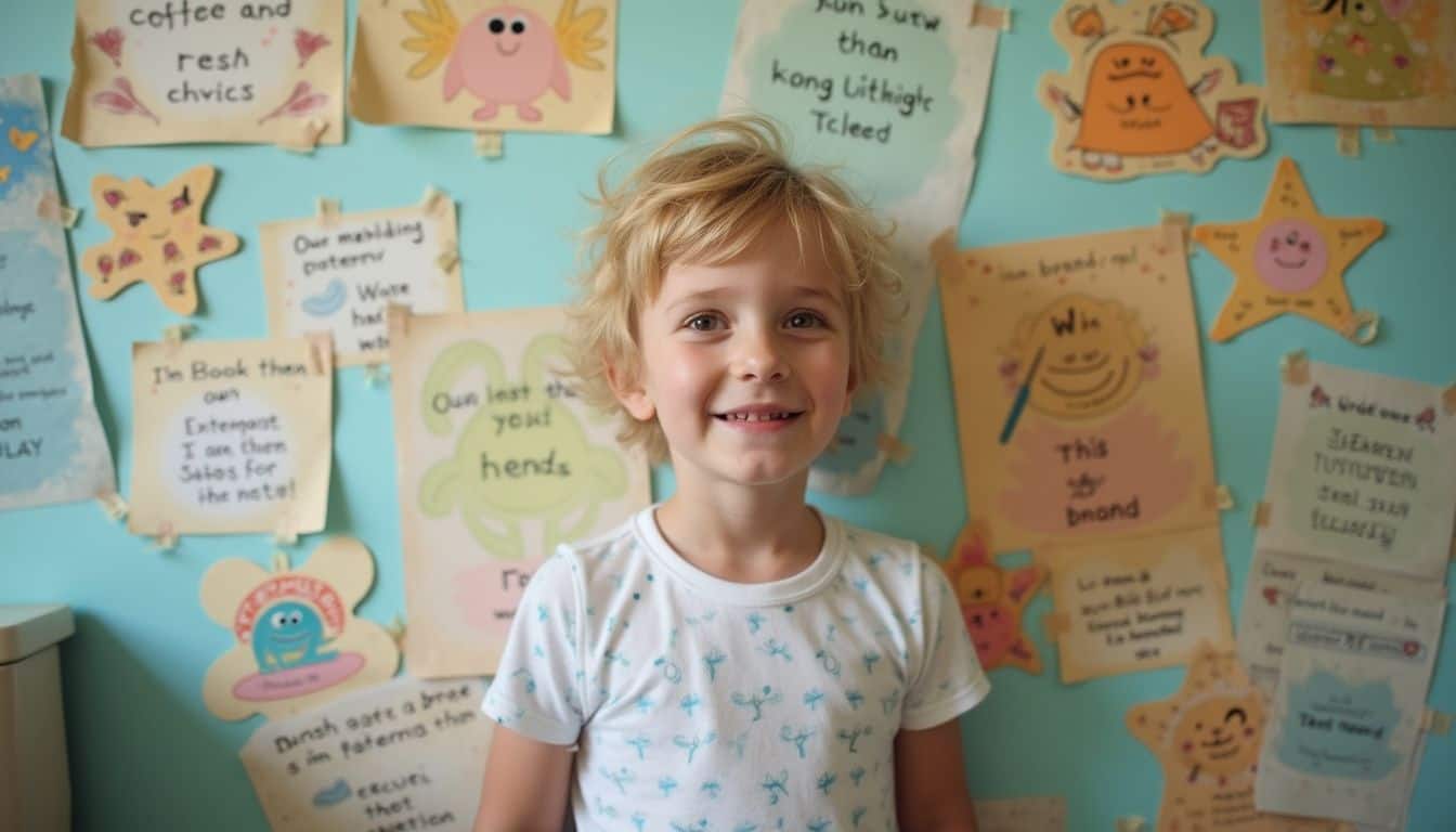 A child stands in a cluttered bathroom next to colorful sticker charts promoting hygiene habits. Child with blonde hair smiling in front of a colorful classroom bulletin board filled with handwritten and illustrated notes, showcasing creative kid-friendly learning and fun activities.