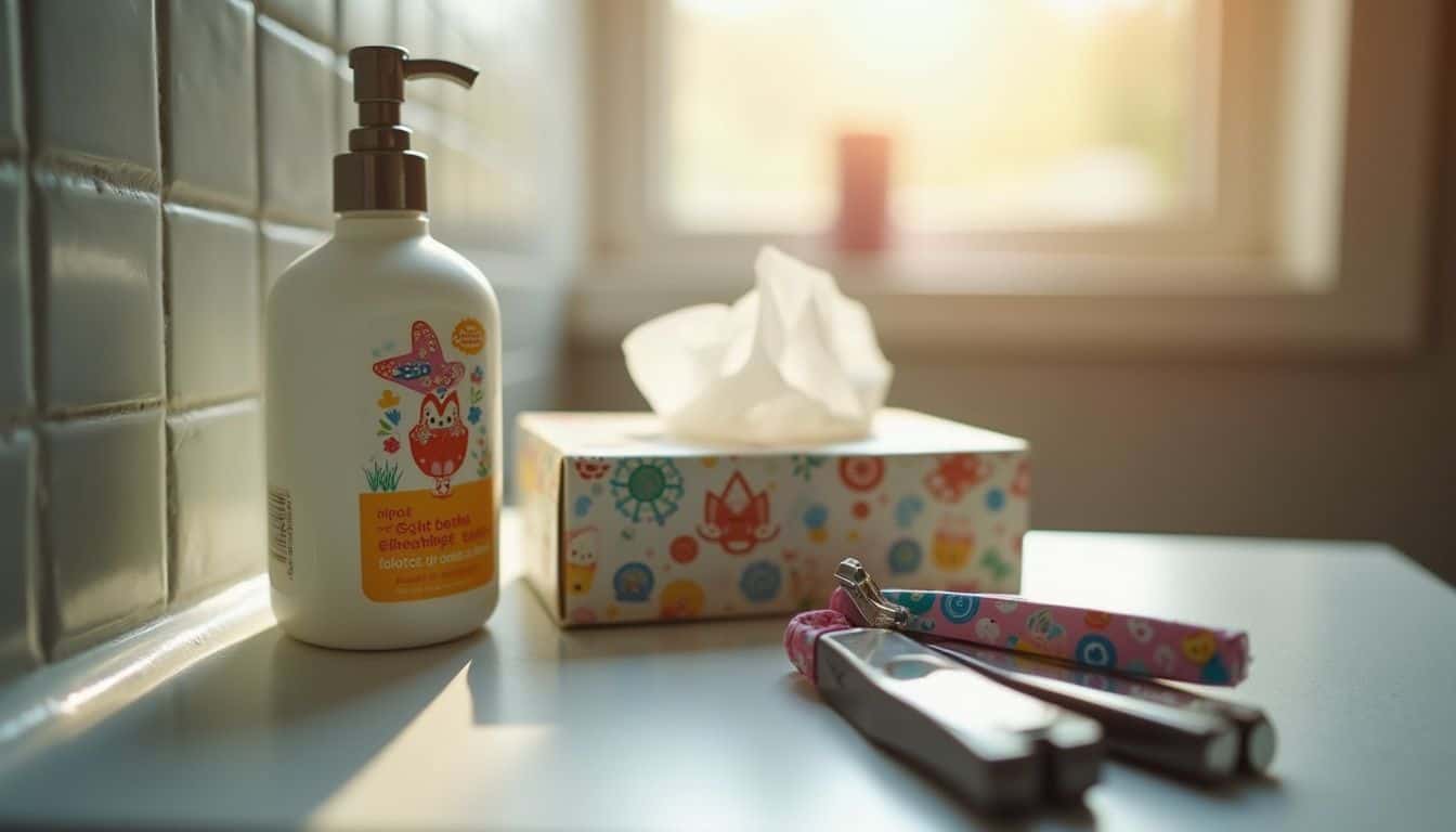 A bathroom countertop displays a child-friendly soap dispenser, tissues, and playful nail clippers, capturing everyday family life. Bottle of hand sanitizer with cartoon design and tissue box with colorful pattern, set on a brightly lit bathroom sink near a window, emphasizing hygiene and bathroom essentials.