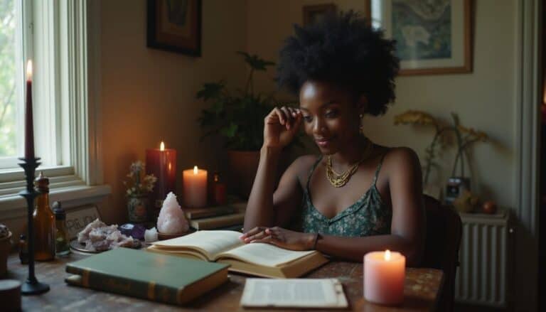 Calm woman reading a book surrounded by candles and crystals in cozy home setting, with natural light coming through the window, creating a peaceful and relaxing ambiance.