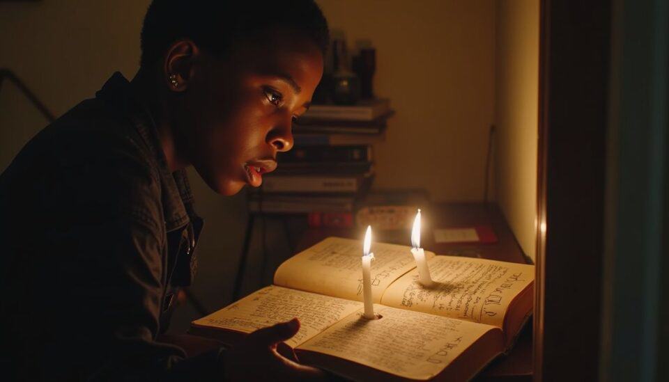 A young woman reading a journal illuminated by candlelight, creating a warm and intimate atmosphere. She appears focused and engaged while diving into her thoughts or creative writing.