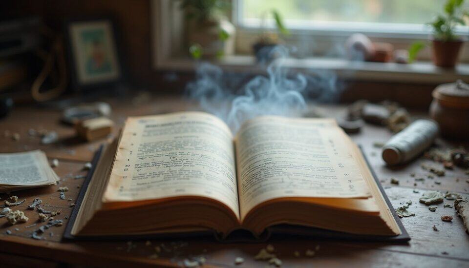 A cookbook with smoke rising from open pages on a cluttered kitchen table featuring herbs and spices.