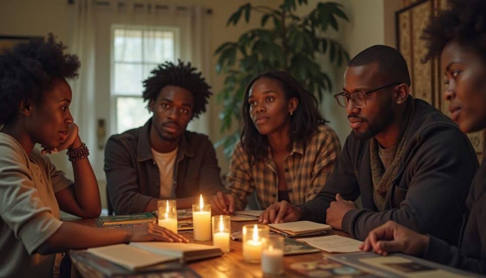 Thoughtful group discussion around a table with candles, books, and warm lighting, emphasizing community, storytelling, and shared experiences for personal growth.