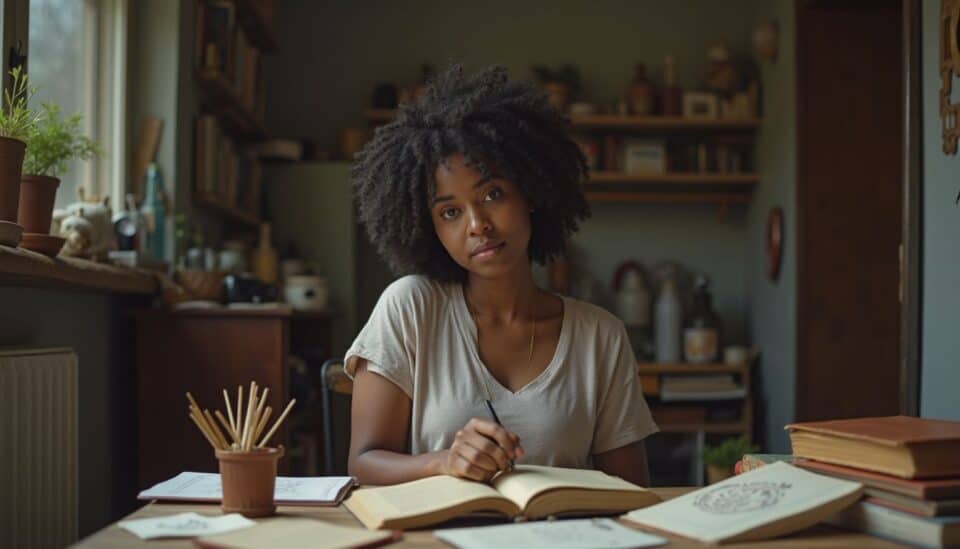 Study woman reading and taking notes at a cozy home desk with books and plants.