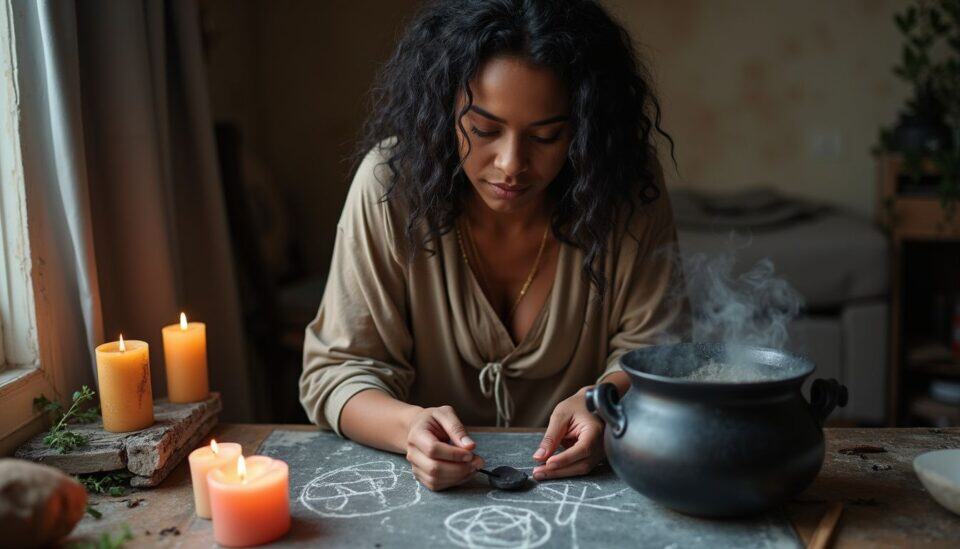 Woman cooking with candles on rustic kitchen table, cozy home cooking, homemade herbal soup, organic food preparation, health-conscious culinary experience.