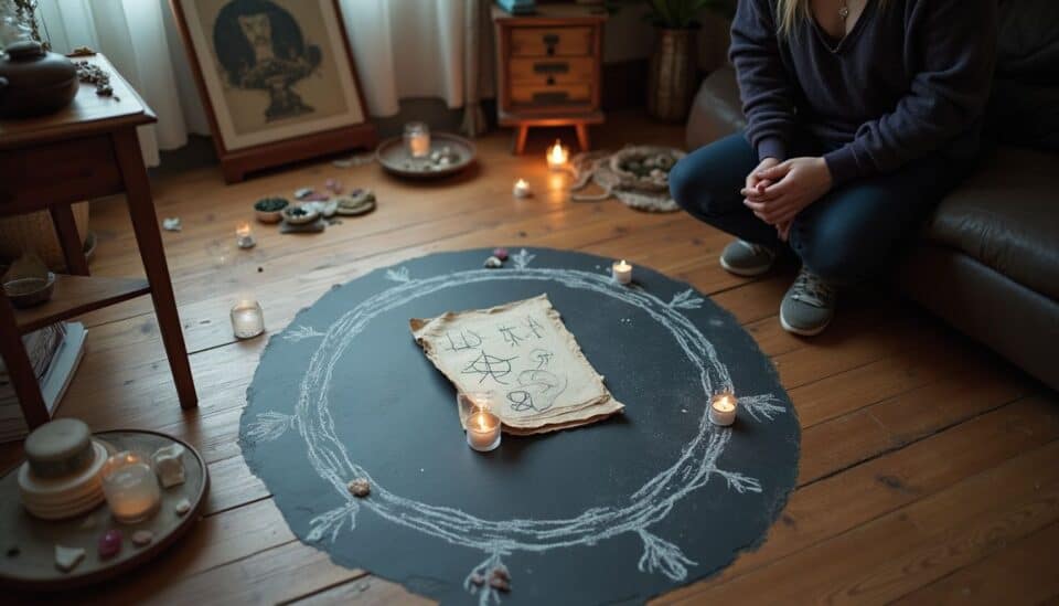 Calm spiritual ritual setup with candles, handwritten scroll, and mystical symbols on a chalk circle on wooden floor.