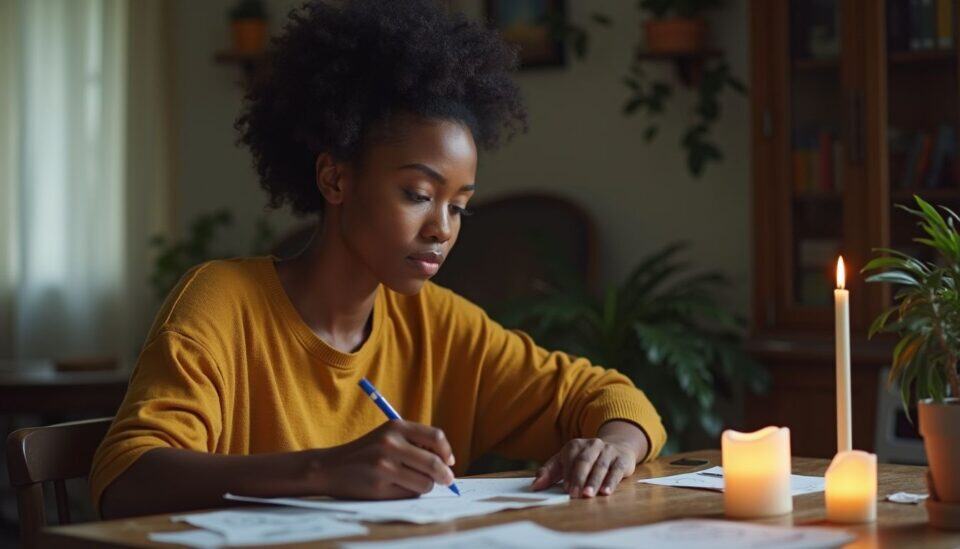 Photograph of a young woman with natural curly hair writing with a blue pen at a wooden table, surrounded by candles and houseplants, creating a cozy and reflective atmosphere, ideal for journaling or studying.