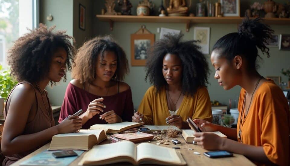Girls studying together with books and smartphones in a cozy, well-decorated room, showing friendship and learning, natural light, casual atmosphere, diverse adults, multigenerational, textured interior.