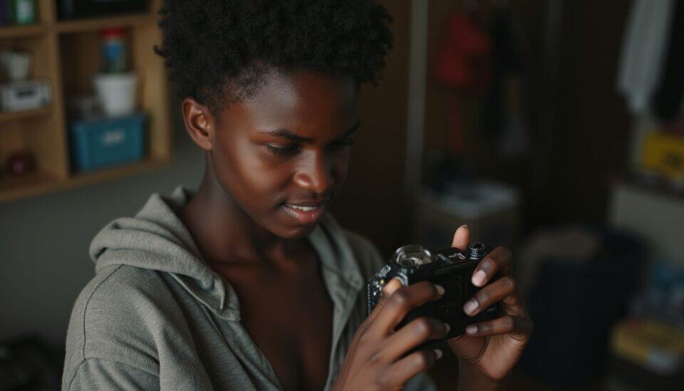 An African American woman examining a digital camera indoors for travel photography or hobby photography.