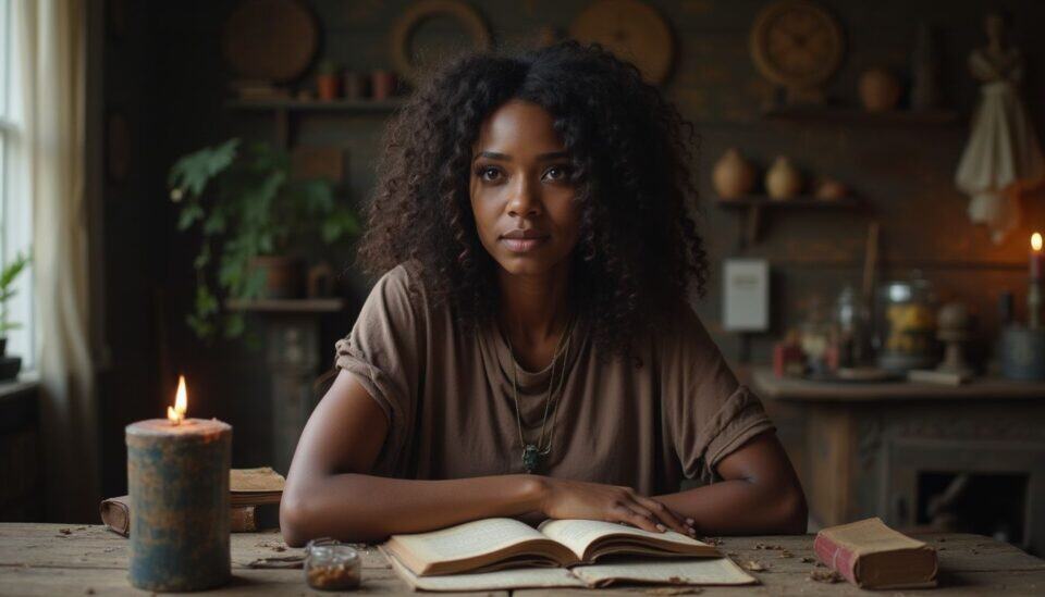 History teacher studying history at a wooden table in a cozy, vintage classroom setting with books and candles.
