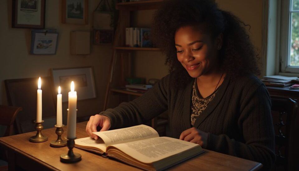 Soft lighting from candles illuminating a woman reading a book in a cozy, warmly decorated room with bookshelf and artwork in the background.