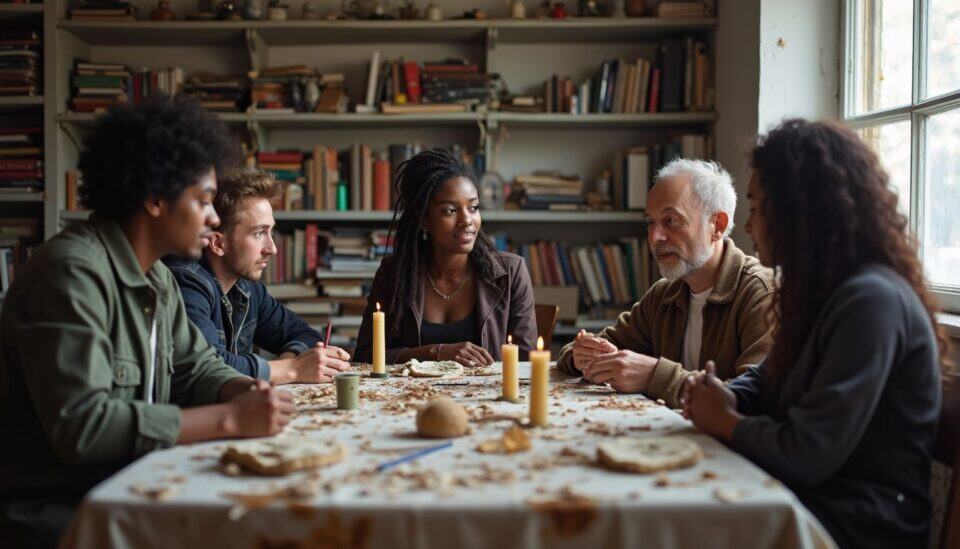 Thoughtful group discussion at cozy indoor family gathering with candles and books in background.