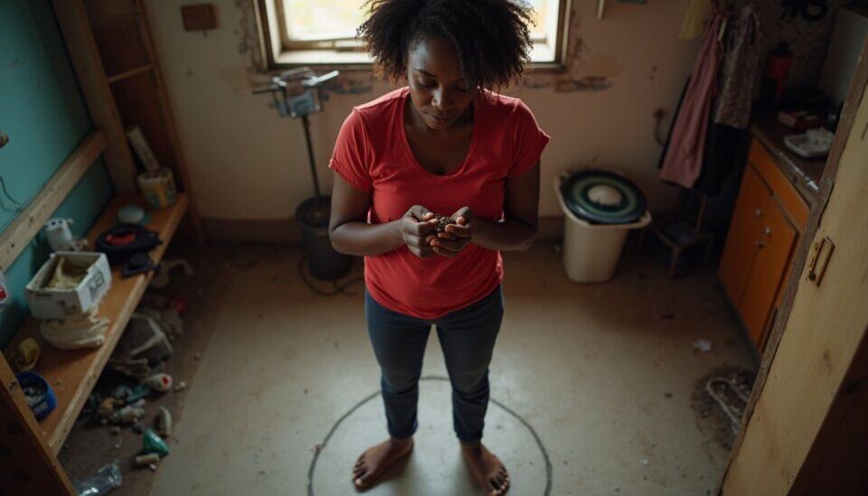 Displaced woman standing in a messy room holding a small object or bug, showing concern or curiosity, amidst clutter and unfinished interior renovation, casual clothing, natural lighting from window.
