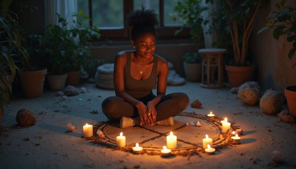 Meditative woman practicing candlelit meditation in cozy indoor space, peaceful mindfulness decoration, relaxation and mental wellness concept, soothing lighting, potted plants in background.