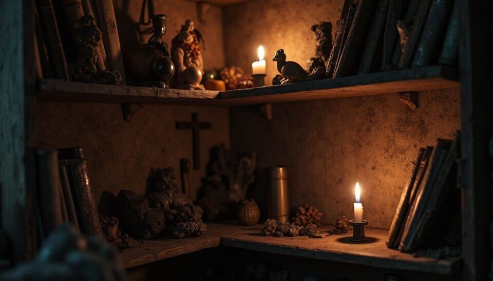 Candles flickering in a cozy, dimly lit bookshelf filled with books and spiritual artifacts for a warm, tranquil ambiance.