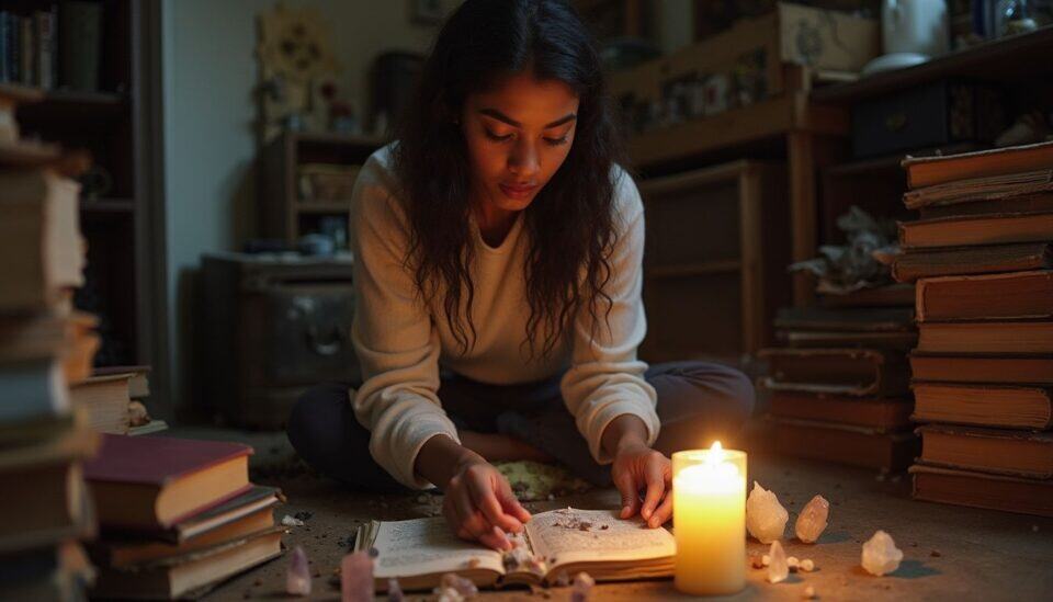 Bookshelves filled with books, young woman reading a book by candlelight in a cozy, dimly lit room, creating a warm and intimate atmosphere for reading and relaxation, surrounded by stacks of books and some crystals on the floor.