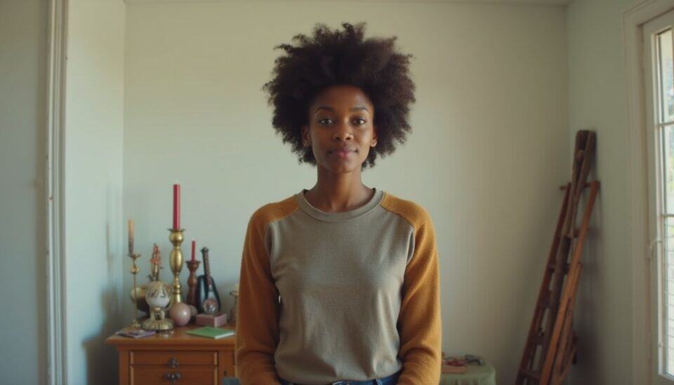 Beautiful African American woman with natural afro hairstyle standing indoors in a well-lit room, casual attire, surrounded by home decor.