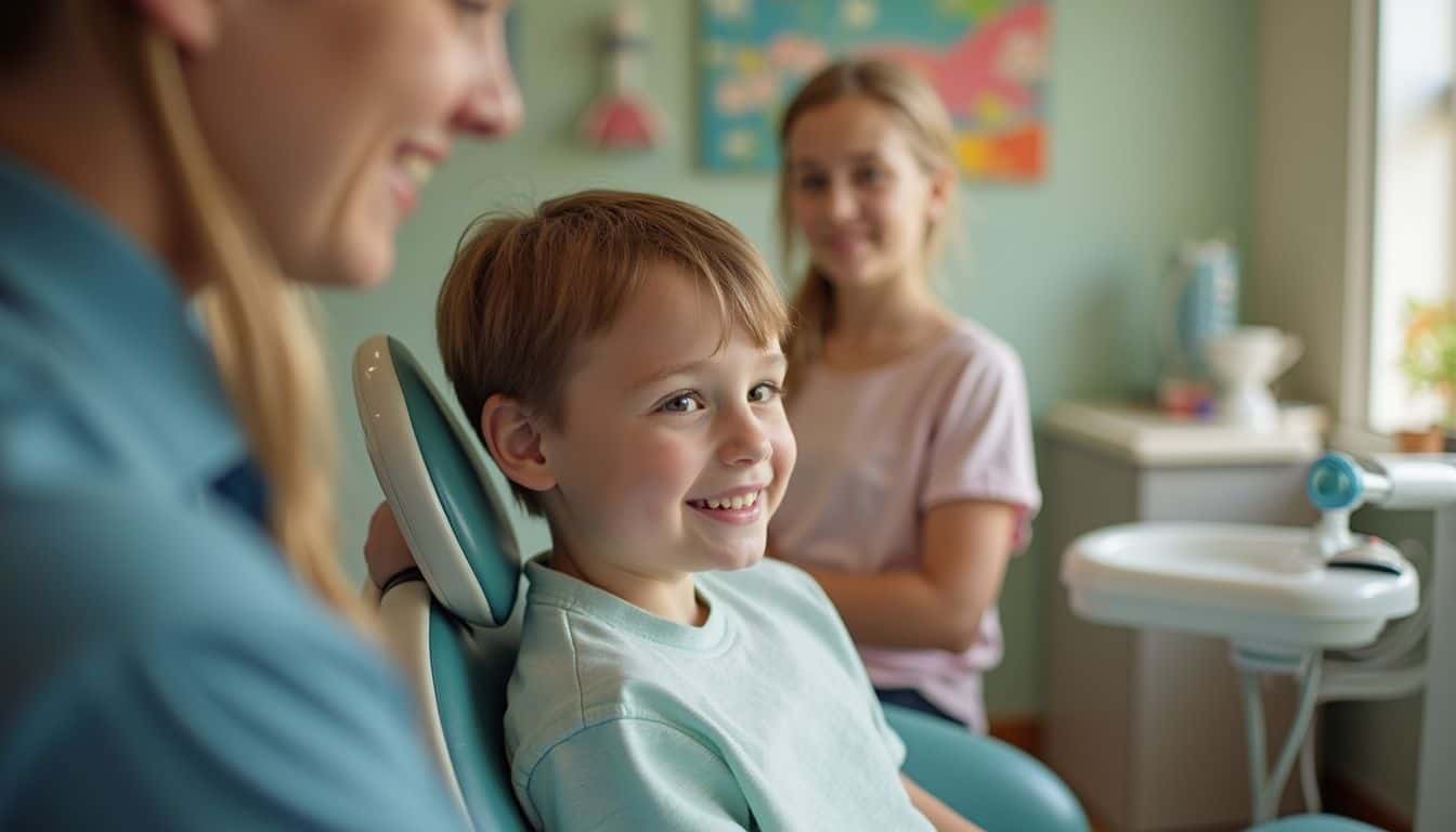 A candid snapshot of a smiling child with parents in a cozy, lived-in dentist’s office during a routine check-up. Child at dentist office smiling with parent and sister, family dentist visit, children's dental care, oral health, dental clinic visit, pediatric dentistry, Tidbits of Experience.