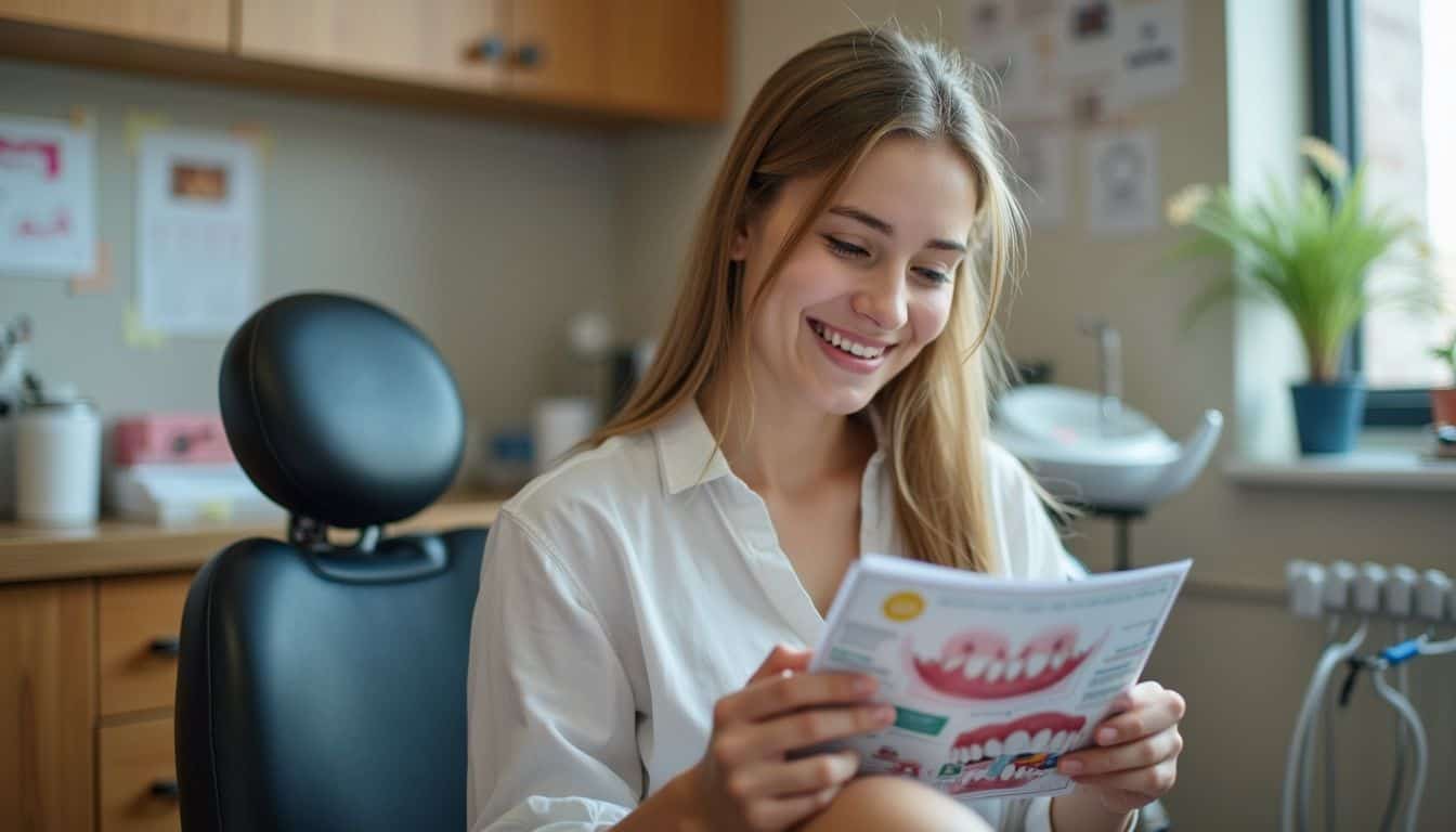 A teenage girl casually reviews orthodontic brochures while sitting in a welcoming orthodontic clinic. Healthy smiling young woman reading dental care brochure in dental office.