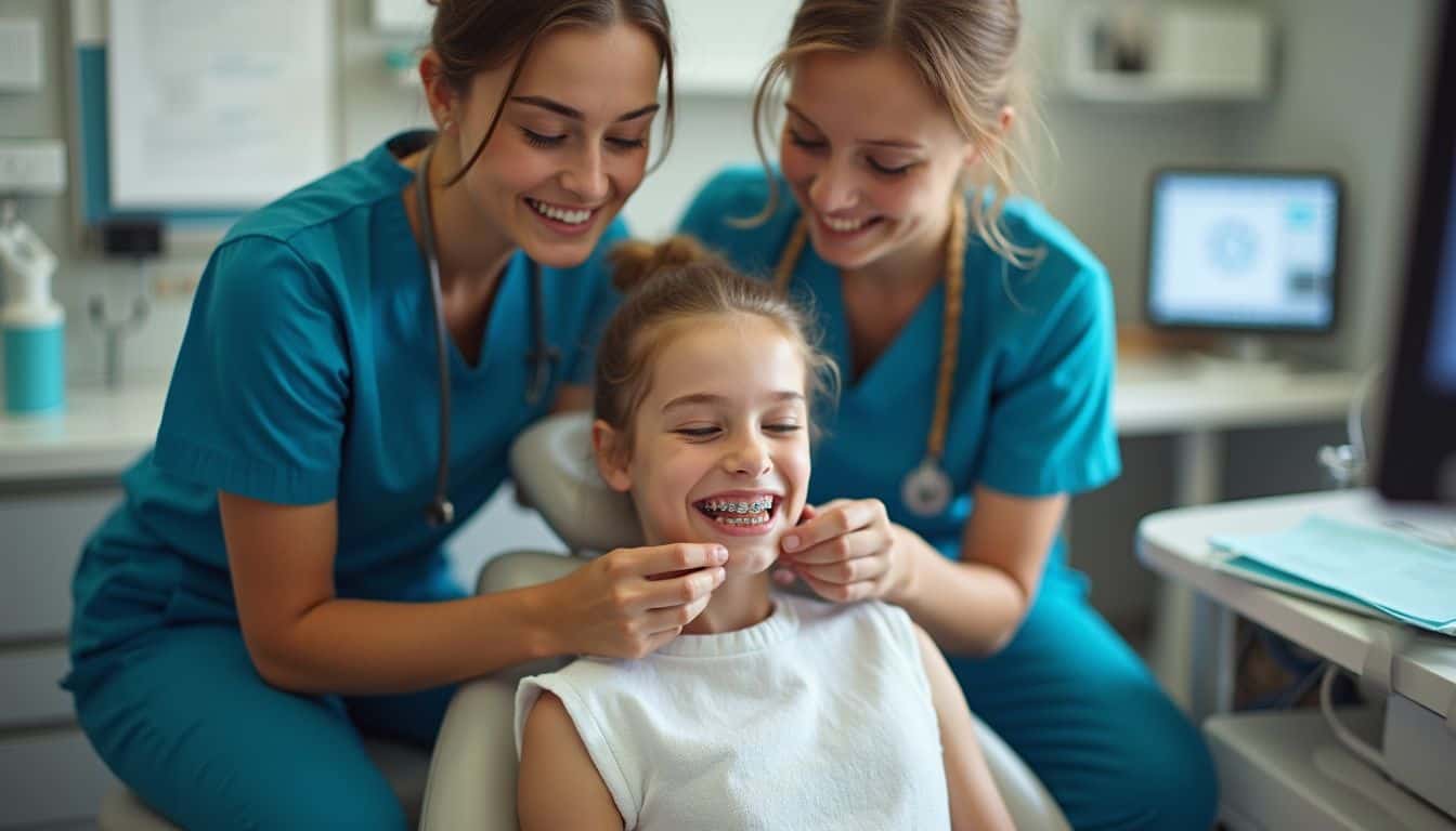 A teenage girl with braces sits in a dental chair during a routine orthodontic appointment with two focused professionals. Braces orthodontic dental checkup for child at dentist office.