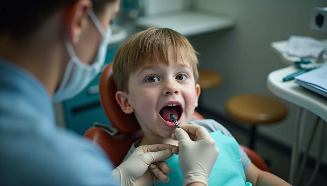 A seven-year-old child sits in a dentist's chair while a dentist examines their teeth. Child at dentist office during dental check-up, pediatric dentistry, child dental health care, kid receiving dental examination, oral health treatment for children.