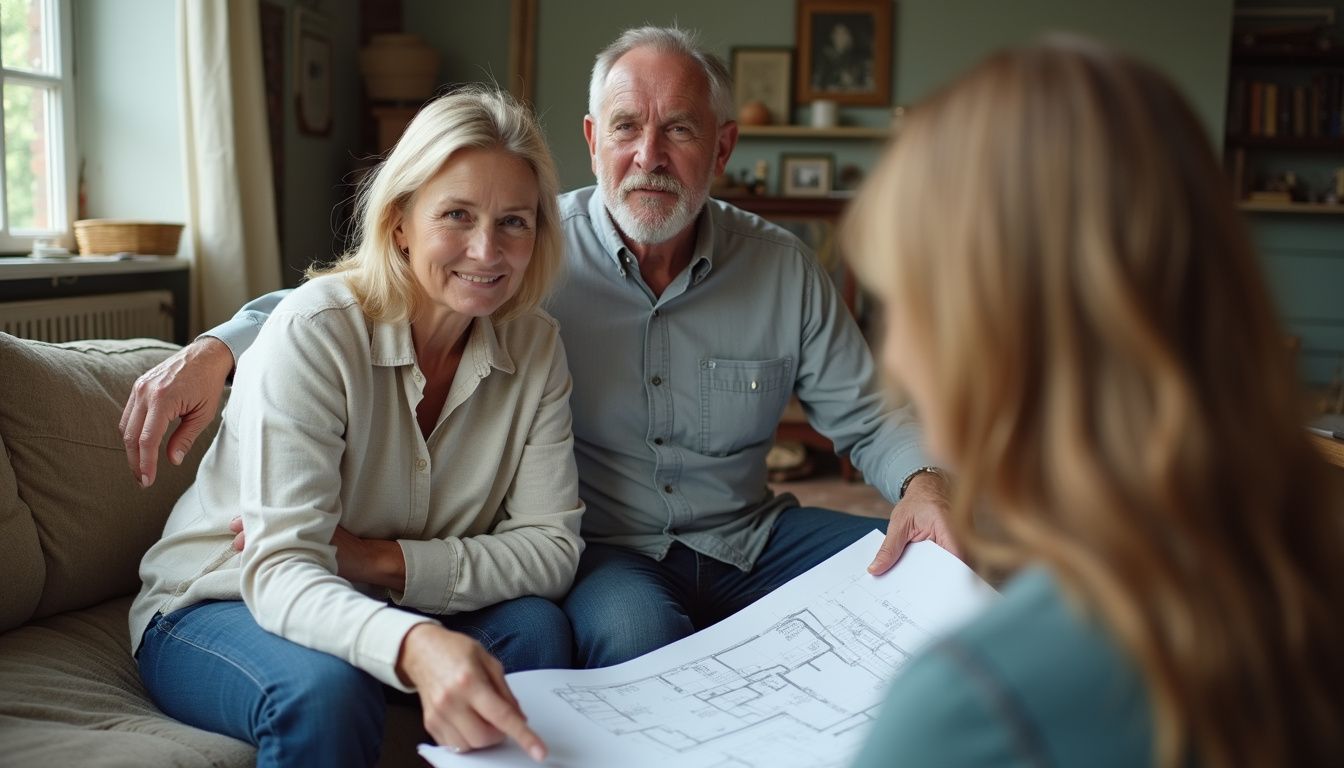 A couple consults with an interior designer in their cluttered living room about updating their space.