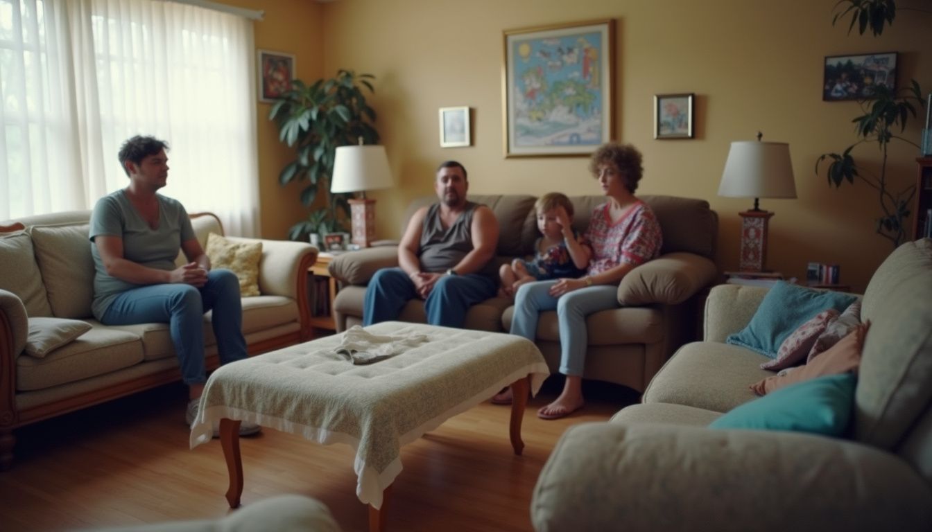 A cozy, lived-in living room filled with mismatched furniture and everyday items, capturing a relaxed family moment.