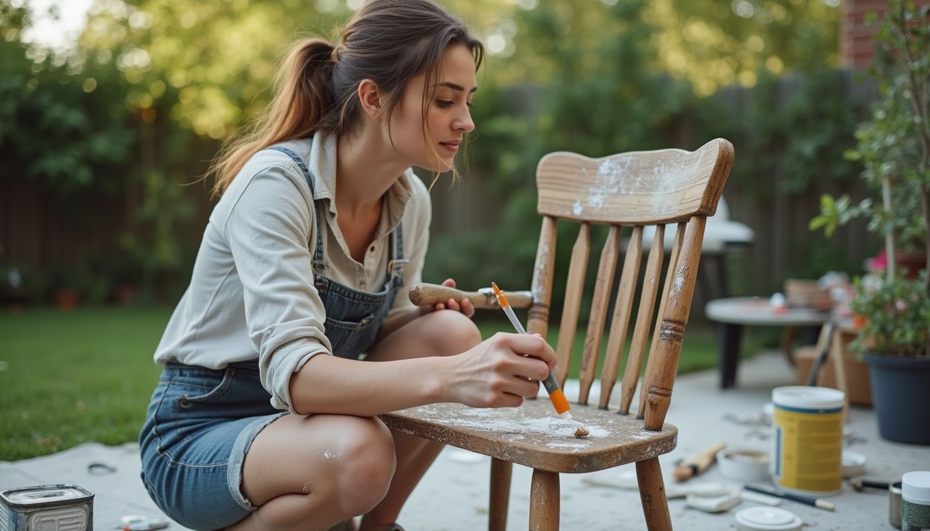 A woman in her 30s casually paints a wooden chair in her backyard, surrounded by DIY tools and supplies.