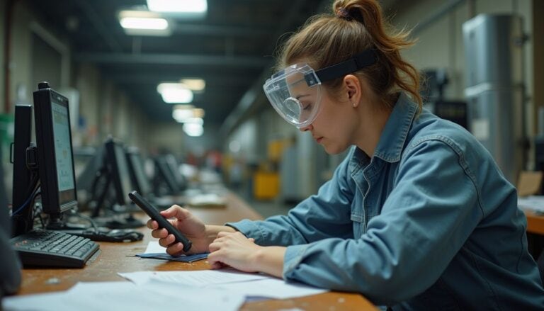 Woman working on a computer with face shield at workplace.