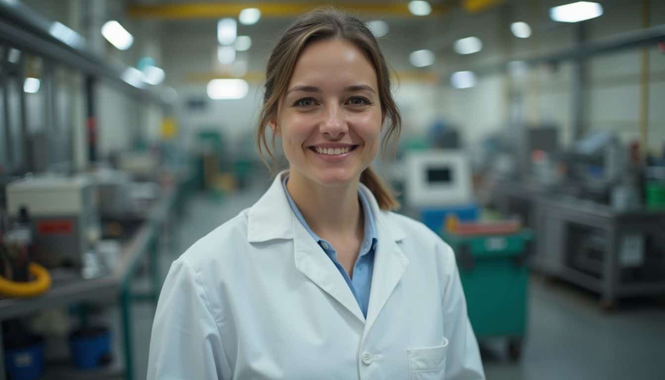 A woman in a lab coat conducts air quality checks in a busy manufacturing plant. Medical laboratory scientist working in a clinical lab setting for healthcare diagnostics and research.