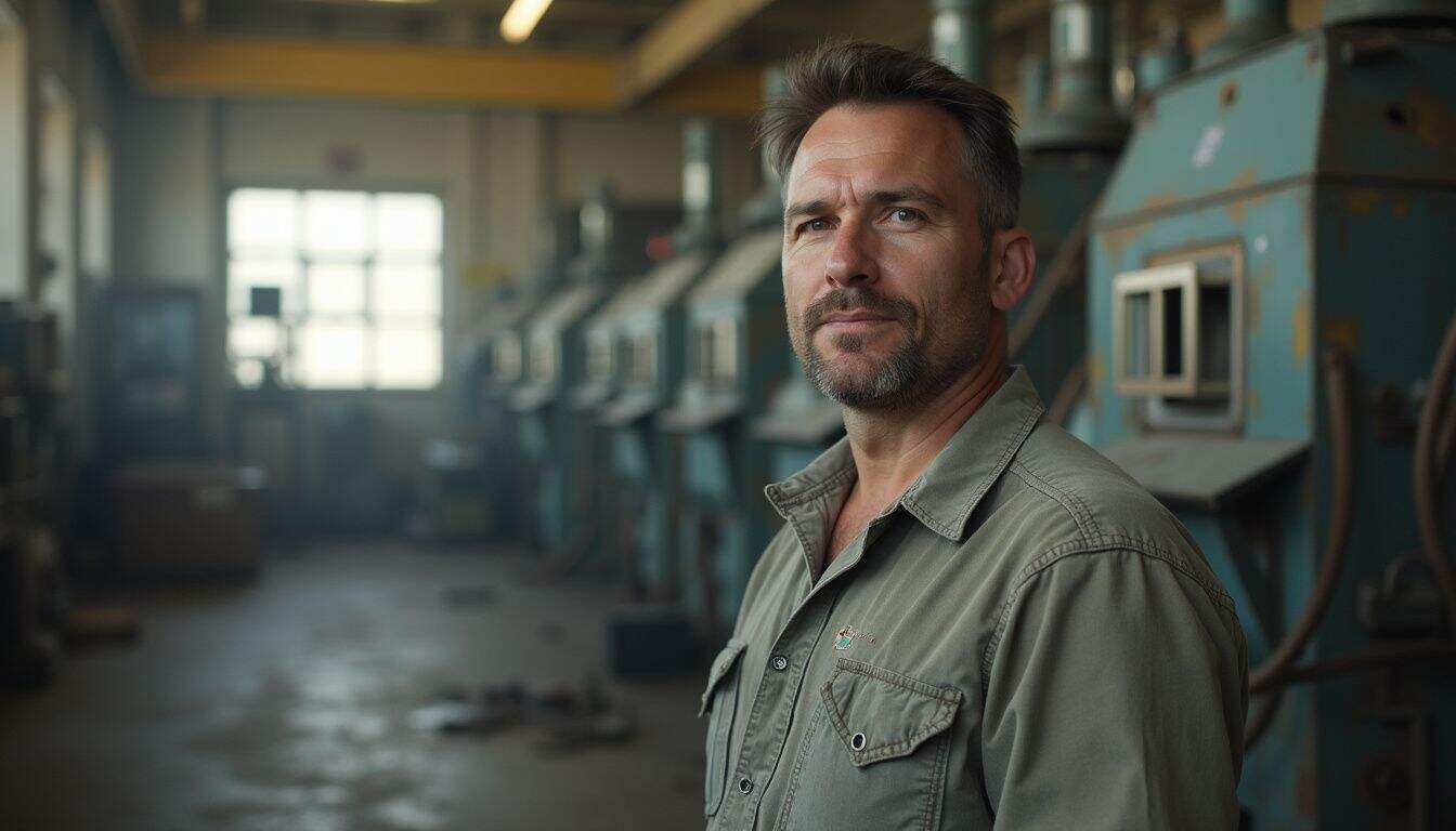 A mid-30s industrial hygiene worker focuses on tasks in a slightly worn manufacturing plant with dusty machinery and scattered tools. Industrial worker standing in a manufacturing plant or factory with old machinery, wearing a gray work shirt, looking confidently at the camera.