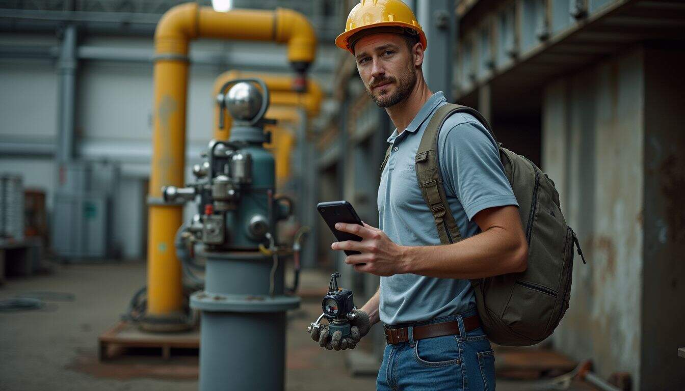 A casually dressed man in his 30s carries air sampling equipment at an industrial site during a typical workday. Industrial worker with backpack holding a smartphone near machinery, wearing safety helmet.