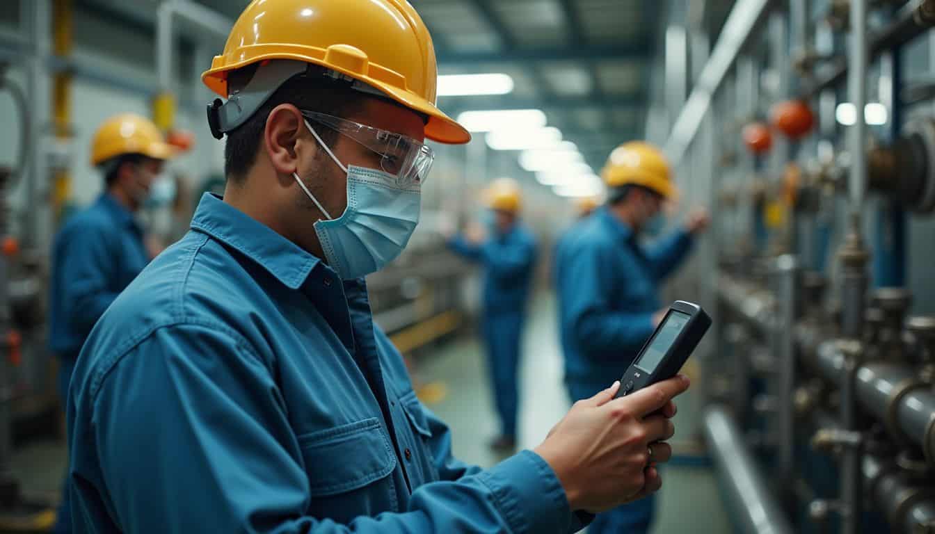 An industrial hygienist intently examines an air monitoring device amidst coworkers in a busy chemical plant. Maintenance worker with safety helmet and mask checking industrial machinery in factory setting.