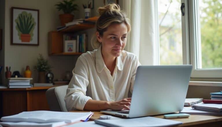 Comfortable home office environment with a woman working on a laptop near a large window in a cozy, organized workspace.