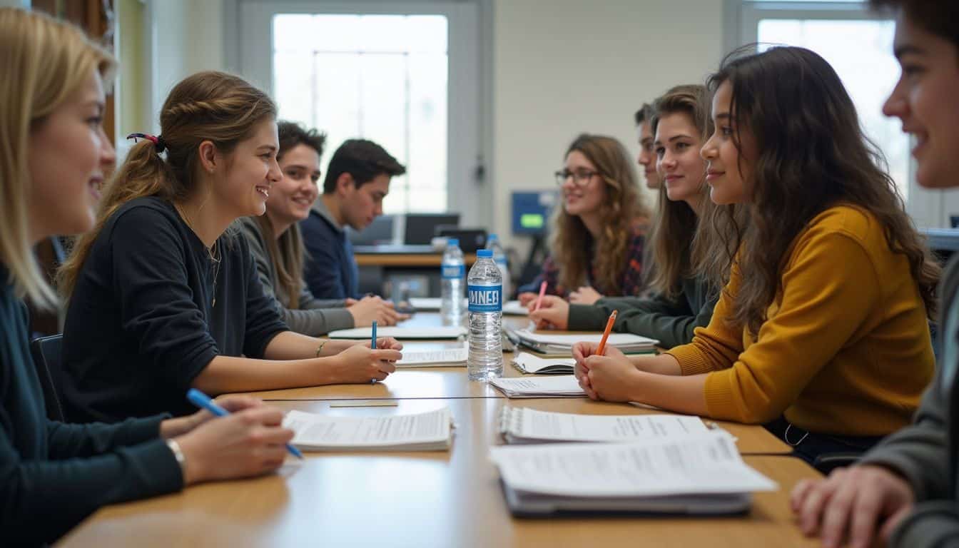 A group of college students engages in casual conversation and collaboration around a cluttered classroom table. Study group of young adults in a classroom discussing, smiling, taking notes, and engaging in a learning session.