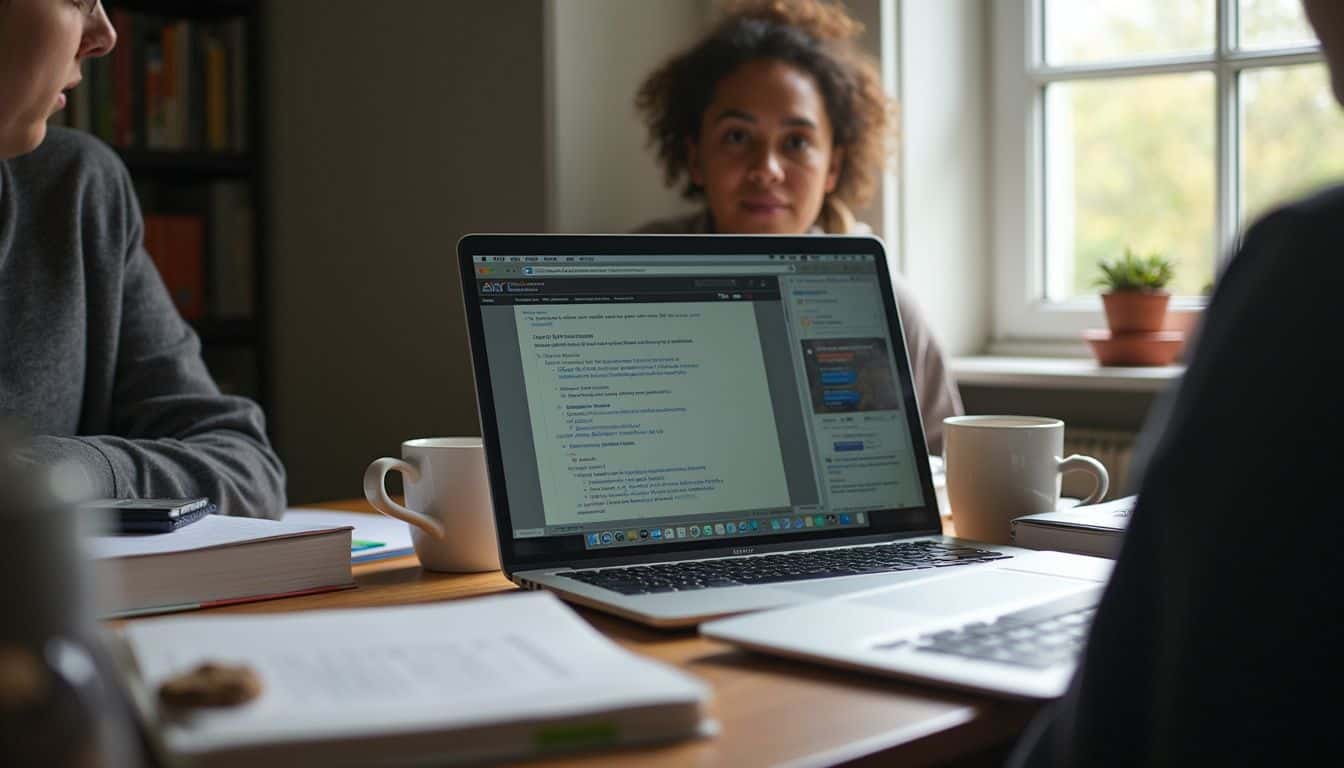 Detailed photo of people discussing work or study around a laptop with documents and coffee cups on a wooden table in a cozy, well-lit room.