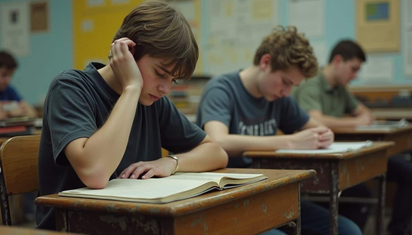 A stressed teenage student sits in a cluttered classroom, surrounded by worn-out desks and piles of old textbooks. Focused teenage students studying in a classroom, looking at their textbooks with concentration for effective learning and academic success.
