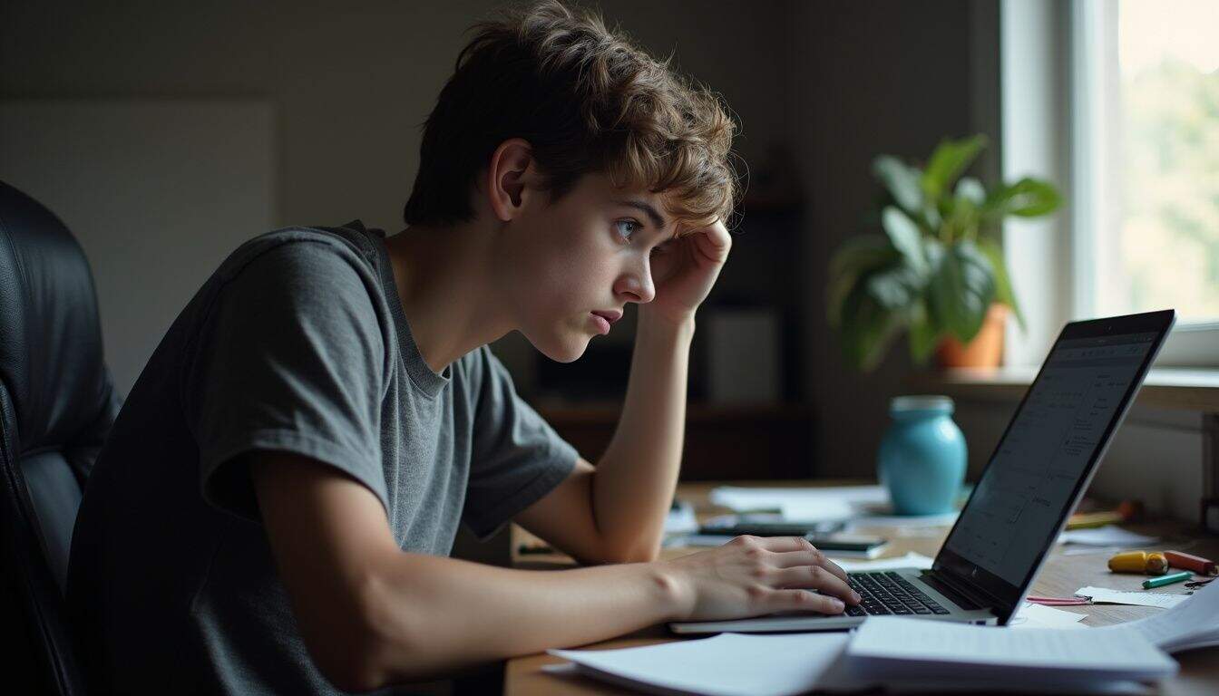A young college student looks tired and annoyed while sitting at a cluttered desk, glancing at their laptop. Overwhelmed young man studying or working on a laptop at home, feeling stressed, surrounded by papers, indicating a busy and possibly stressful work or study environment.