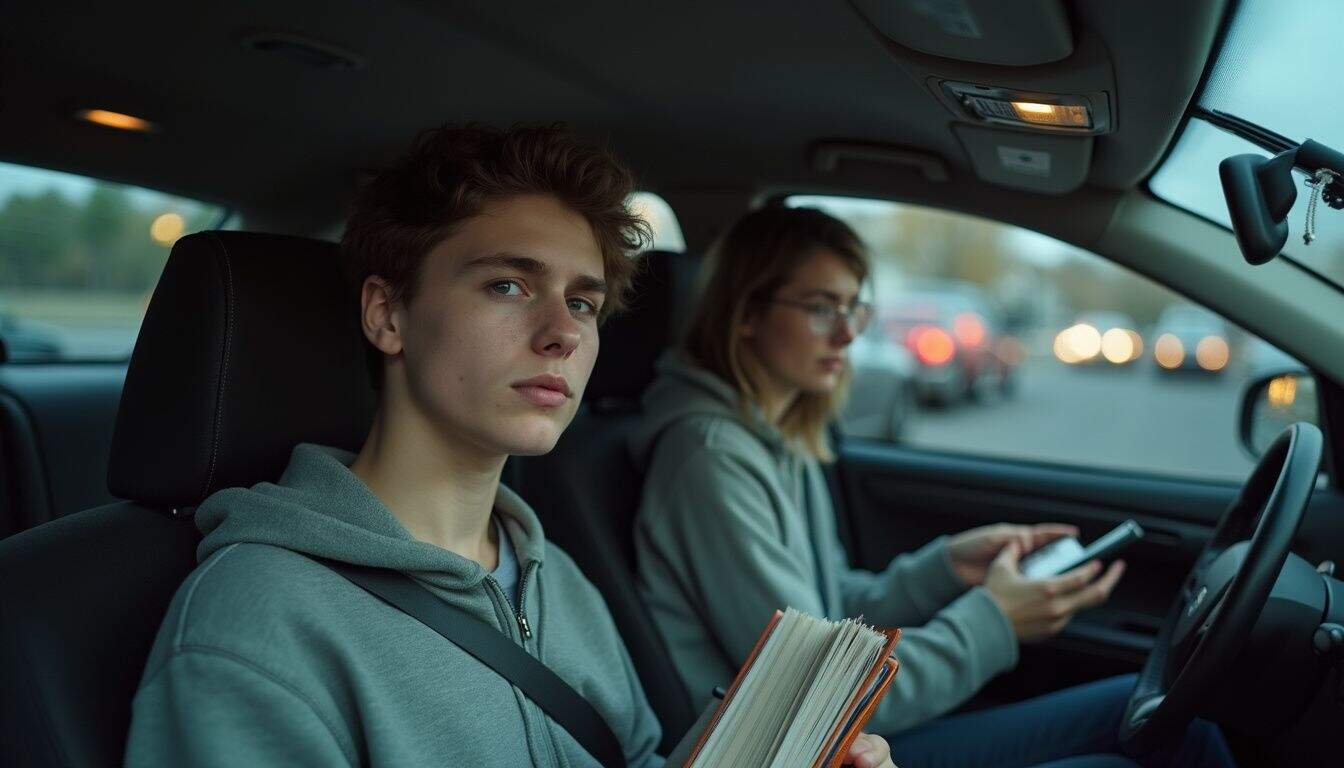 A young college student appears stressed while sitting in traffic, holding textbooks and a planner amidst a cluttered car interior. Driving teenagers in car, two young adults using smartphones and reading books, urban traffic and road view, casual attire, road trip or commutes, evening or dusk city driving, focused on distractions during driving, modern vehicle interior, close-up of youthful travelers, lifestyle and travel photography.