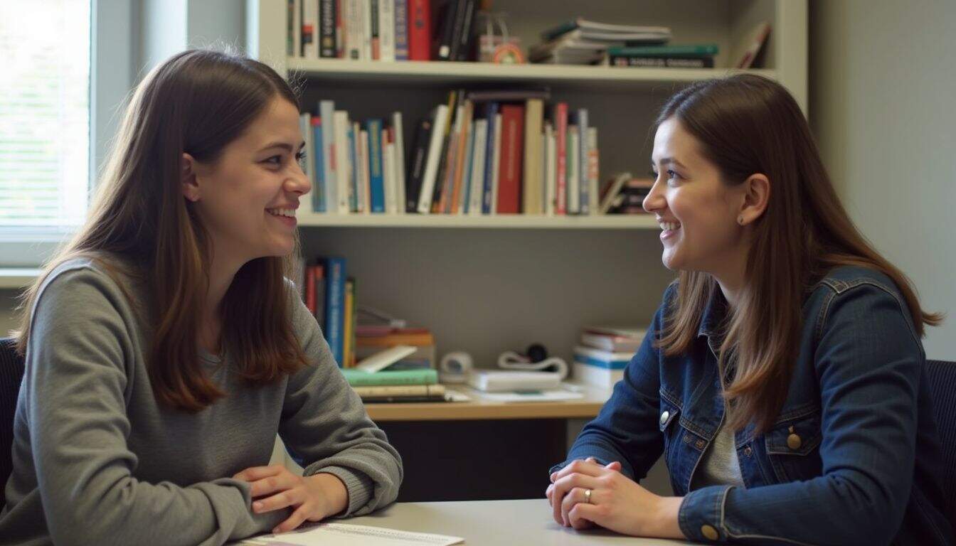A college student discusses career advice with a counselor in a cluttered office, capturing a genuine campus moment. Smiling women having a friendly conversation in an office setting with bookshelves in the background.