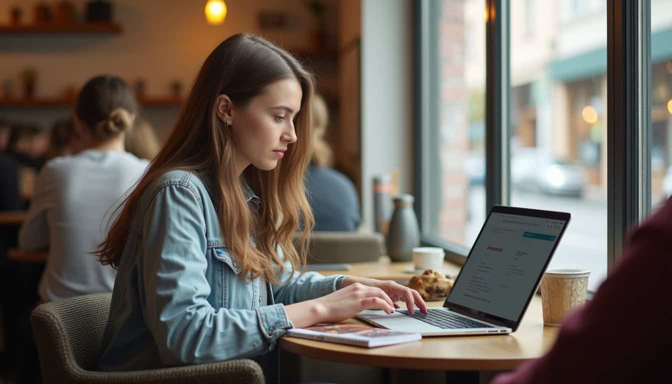 A young woman focuses on her laptop in a bustling café while taking an online class amidst lively chatter. Relaxing cafe scene with young woman working on laptop, enjoying coffee and browsing online, cozy atmosphere, during daytime.