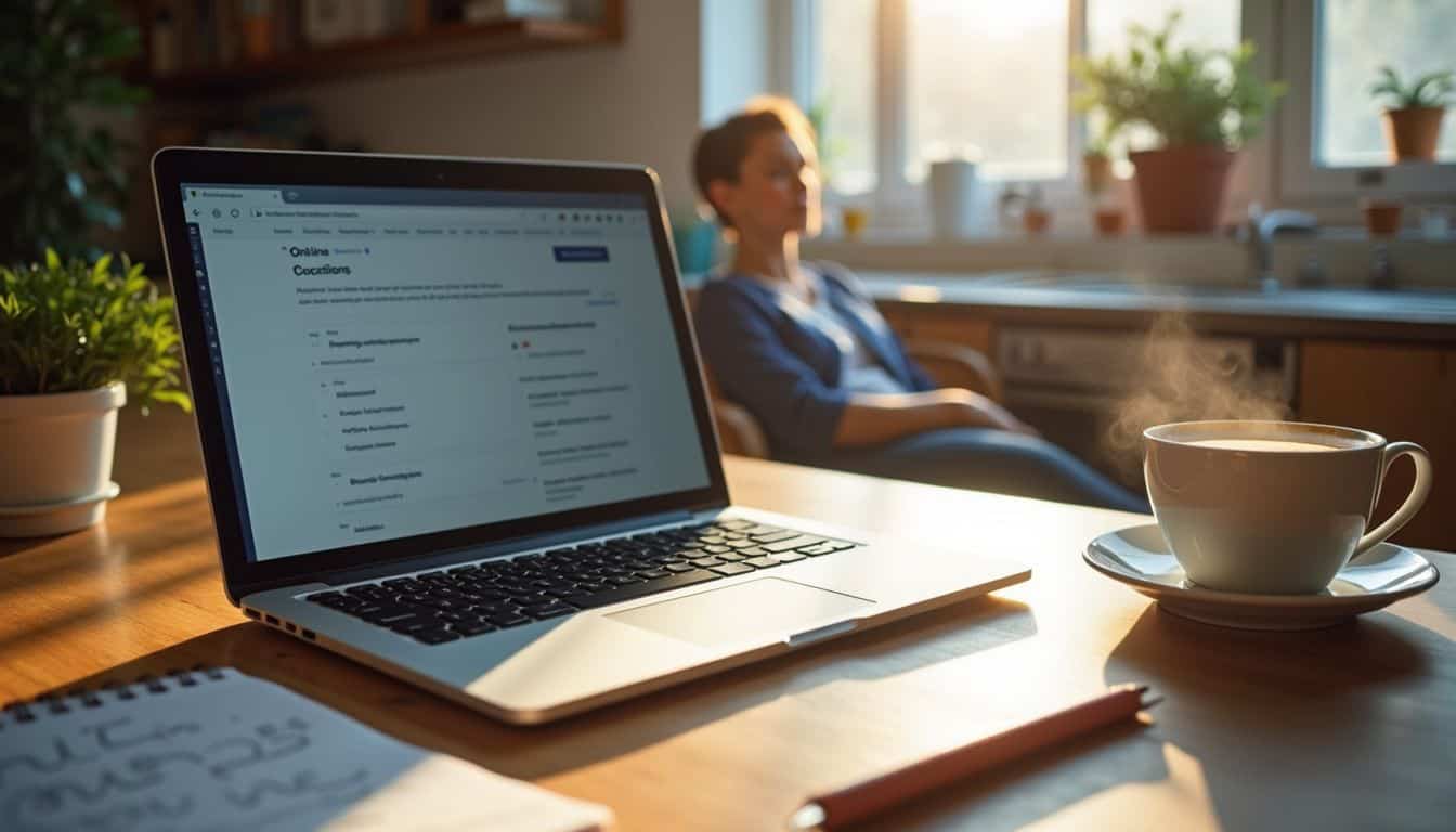 A laptop displays an online course next to a steaming coffee cup and a notepad, with someone casually nearby. Cozy home office with laptop, coffee, and relaxing woman in the background, perfect for remote work and online productivity.