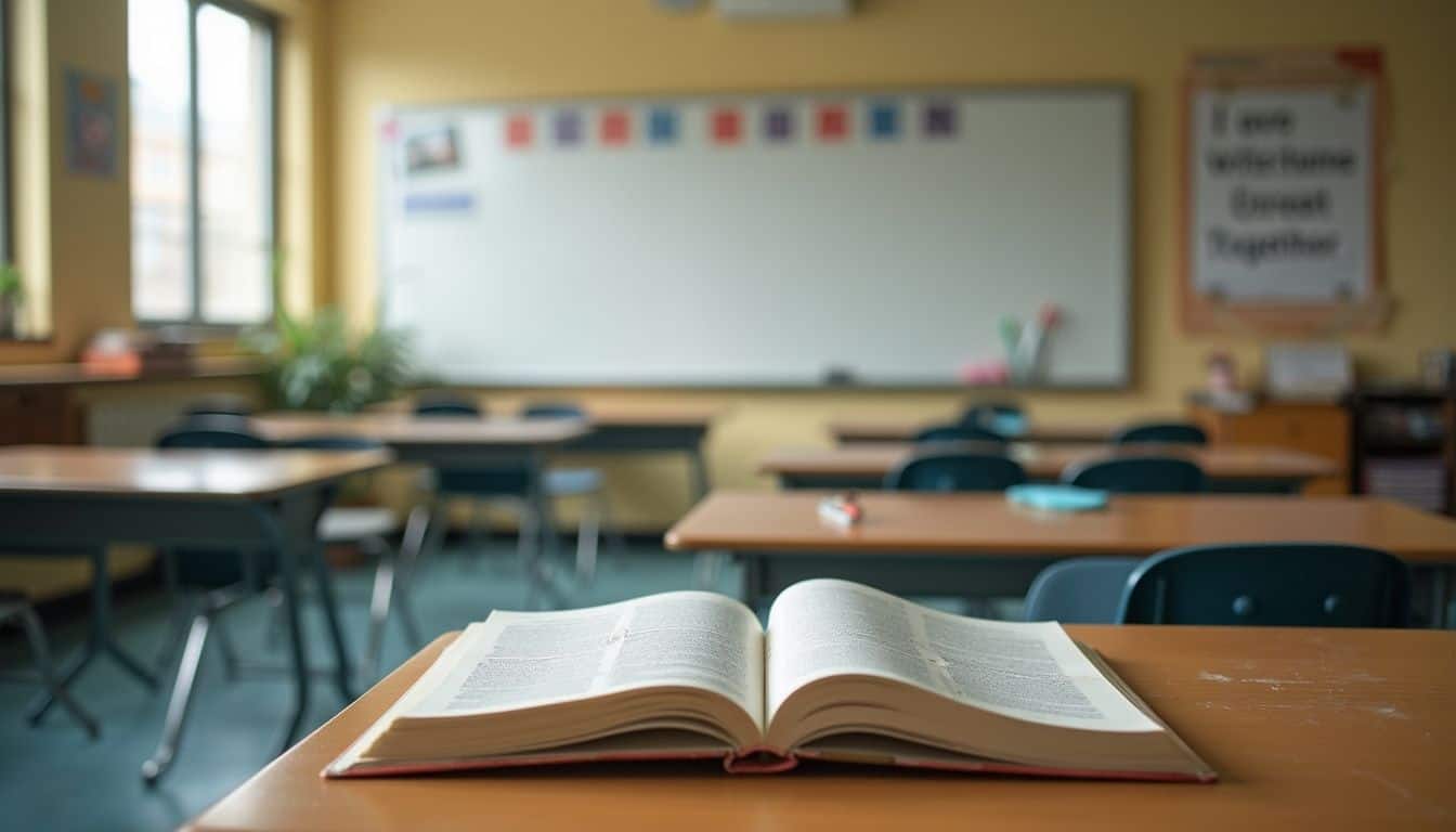 An empty classroom features an open textbook, scattered supplies, and a poster about teamwork, conveying a lived-in atmosphere. Open book on desk in classroom, learning, education, school, studying, student, knowledge, classroom environment.