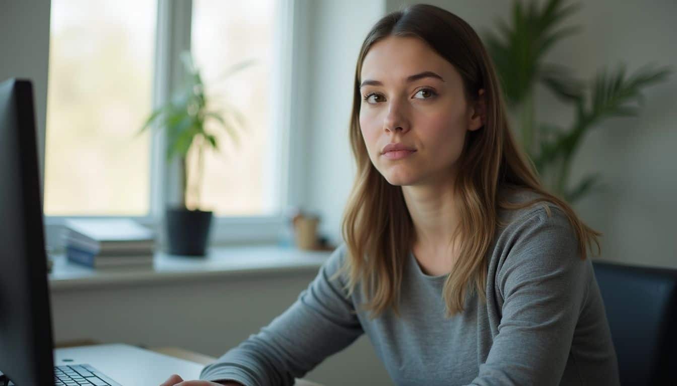 A woman in her 30s sits alone at a cluttered desk, appearing lost in thought. Young woman working on a computer in a bright, modern office setting.