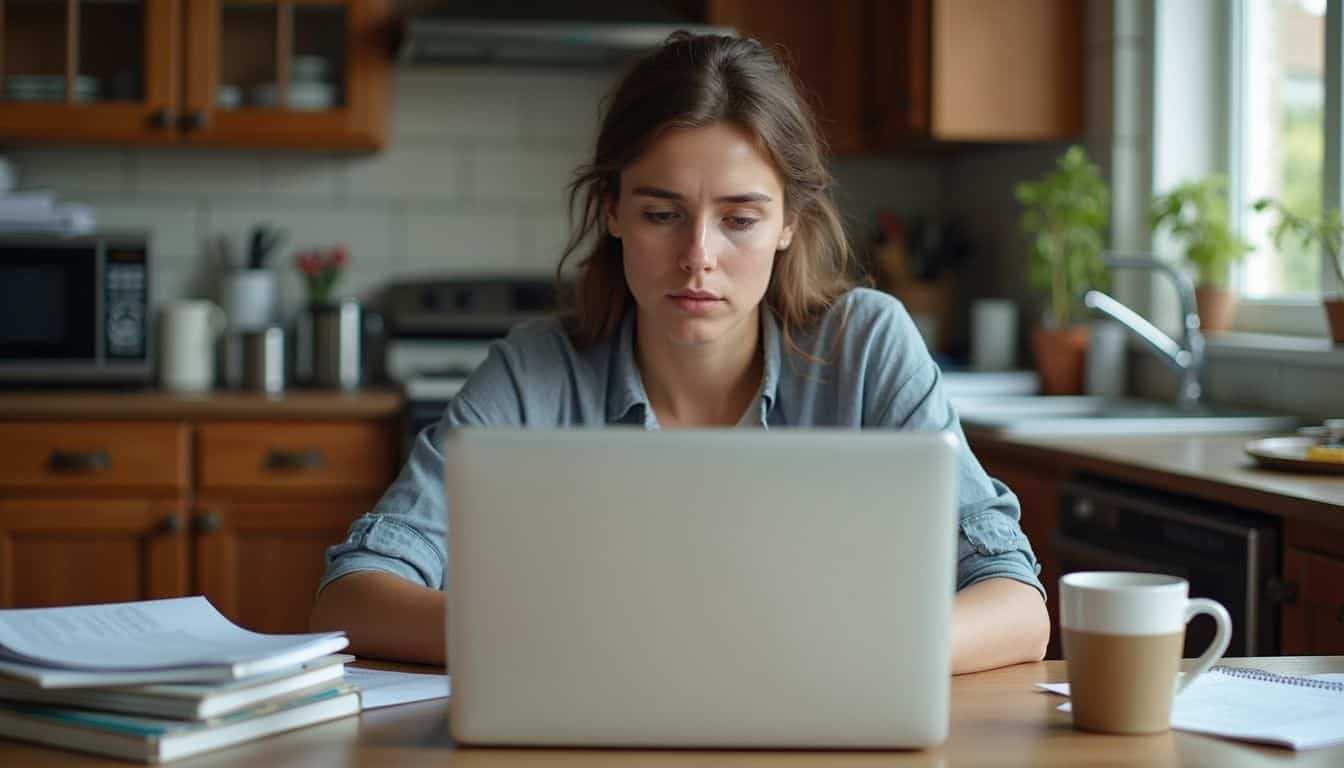 A woman in her 30s works on her MBA at a cluttered kitchen table, surrounded by textbooks and papers. Frustrated woman working on laptop at kitchen table, stressed out student with papers, indoor workspace with natural light, household chores, busy home office, exploring productivity challenges, Tidbits of Experience.