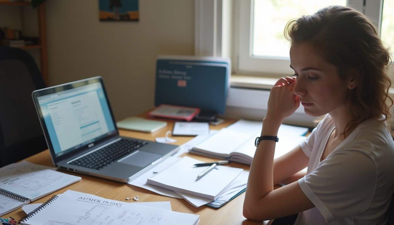 A casually dressed person works at a messy desk, comparing online and in-person classes with notes and a laptop. Study tips for effective online learning and organization.