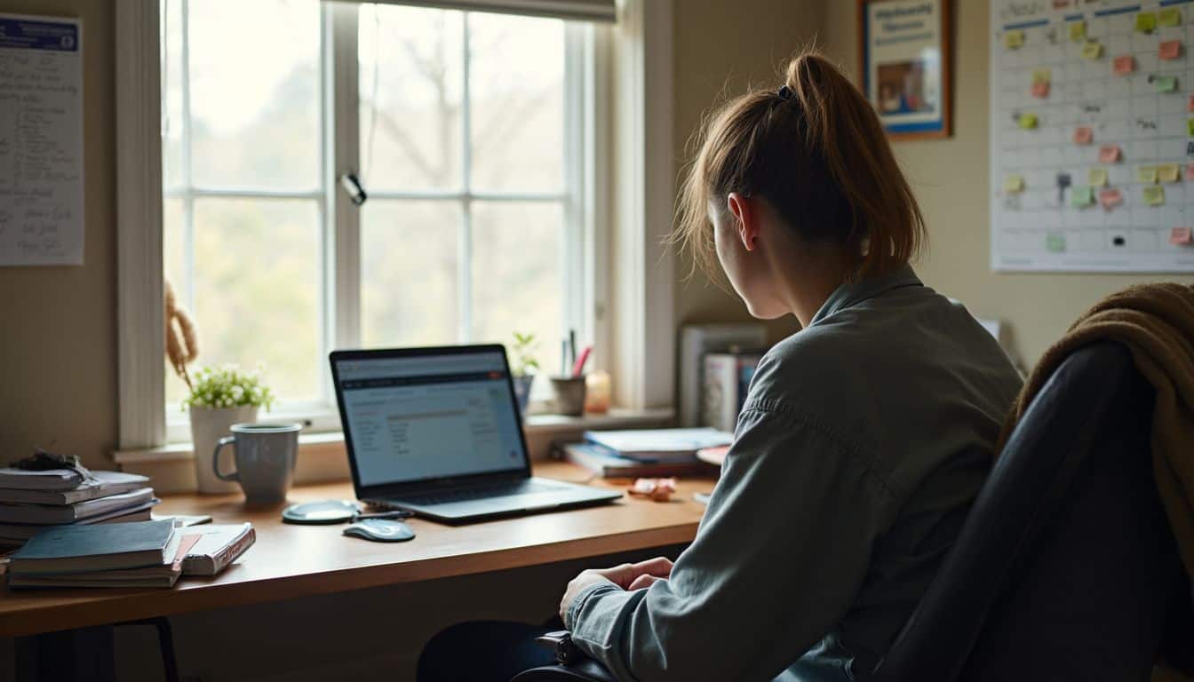 A person sits casually in a lived-in home office filled with textbooks, papers, and everyday items. Relaxed woman working on laptop at home office with natural light, organized workspace, plants, and desktop planner, focusing on productivity, remote work, and home office setup.