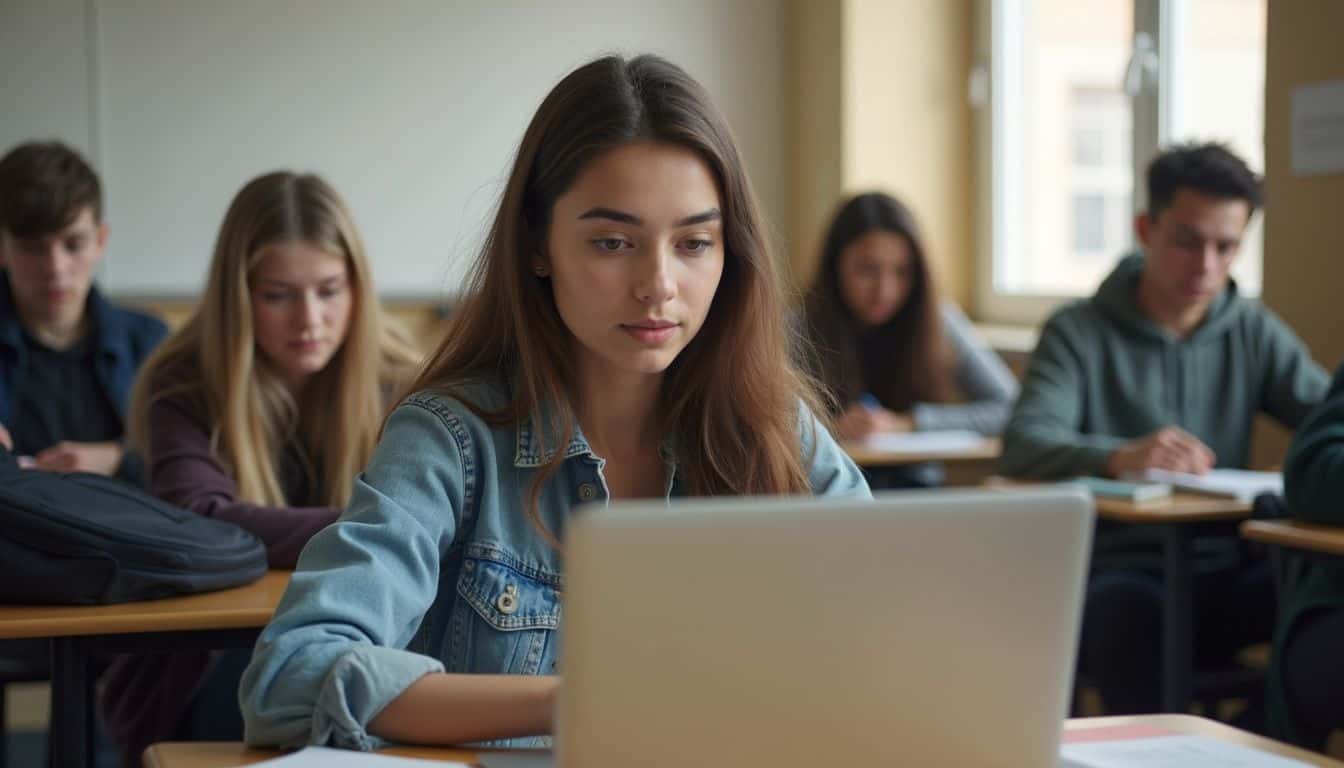 A 25-year-old woman studies at a cluttered classroom, surrounded by focused classmates and everyday college materials. Student studying in classroom using a laptop, focused learning environment, teenagers in a high school classroom, educational setting for teenagers on technology and academic success, relevance: yes.