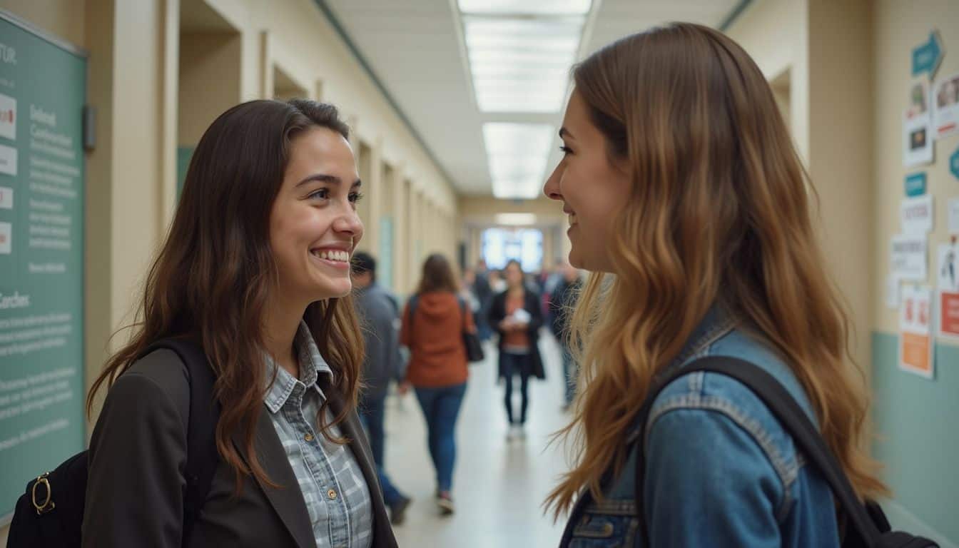A student chats casually with a professor in a university hallway during a career fair. Professional women smiling and chatting in a college hallway, showcasing student relationships and campus life.